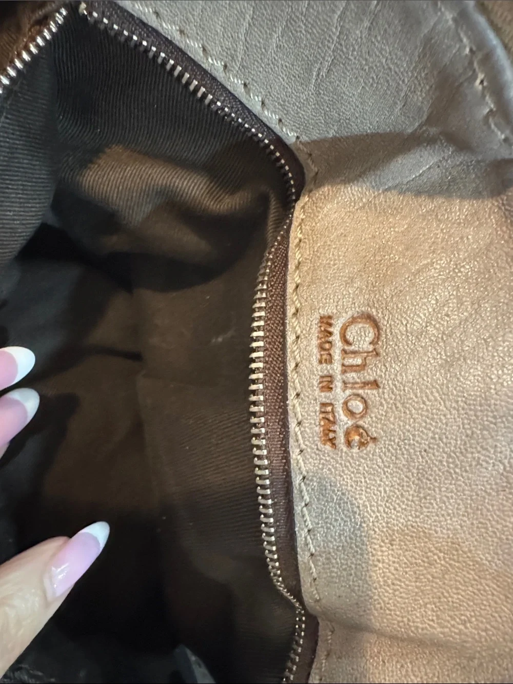 Chloe Olive and Taupe Patent Leather Satchel